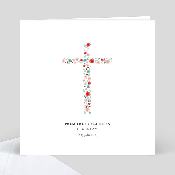 Carte de communion croix fleurie