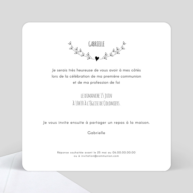 Carte de communion Coeur bucolique simple Verso