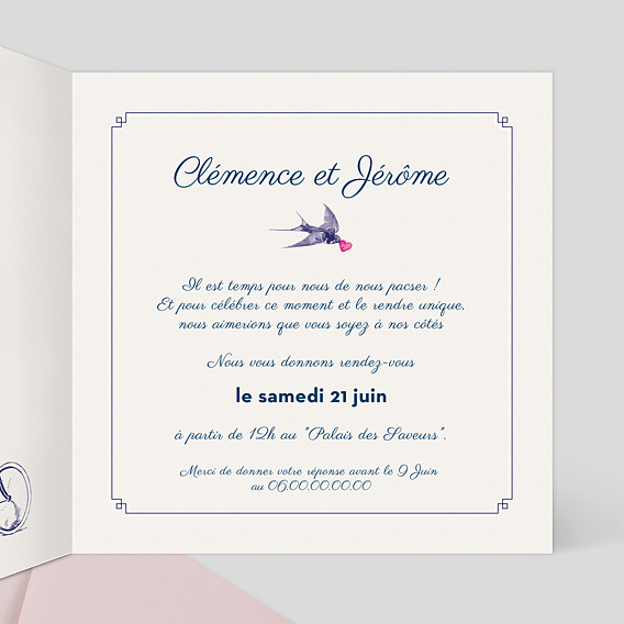 Faire part pacs Hirondelle d'Amour Intérieur Droit