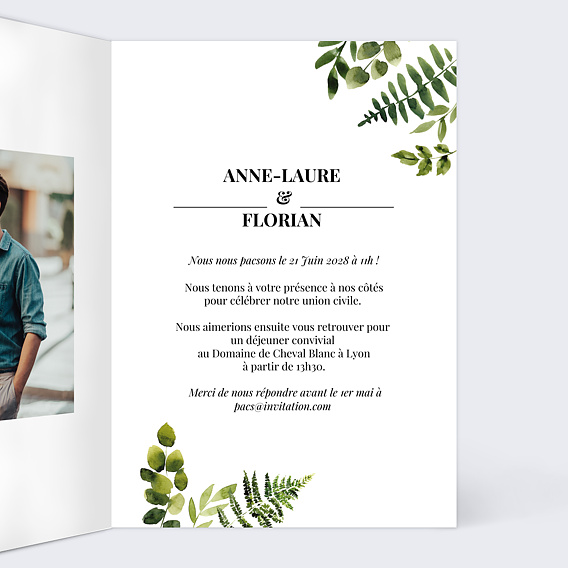 Faire part pacs Aquarelle Botanique Intérieur Droit