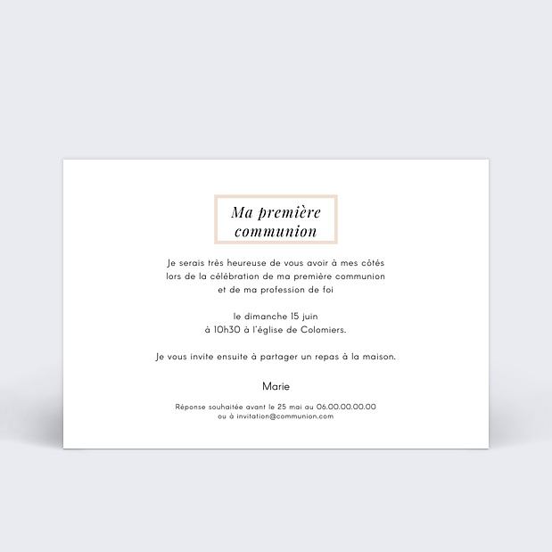 Carte de commnunion Etiquette poudrée Verso