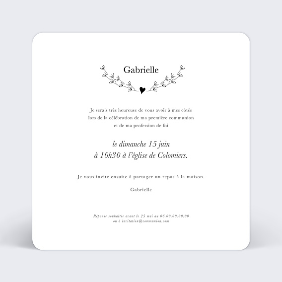 Faire-part Communion Coeur Bucolique Simple