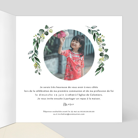 Faire-part communion Découpe Eucalyptus Intérieur Droit