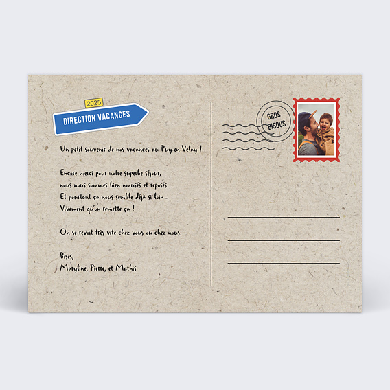 Carte postale Direction Vacances Verso