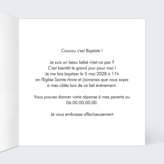 Faire-part baptême Photo seule Intérieur Droit