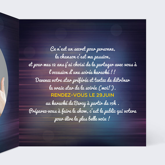 Invitation anniversaire enfant Karaoké Intérieur Droit