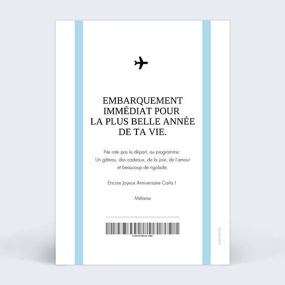 Carte anniversaire Billet d'Avion Verso