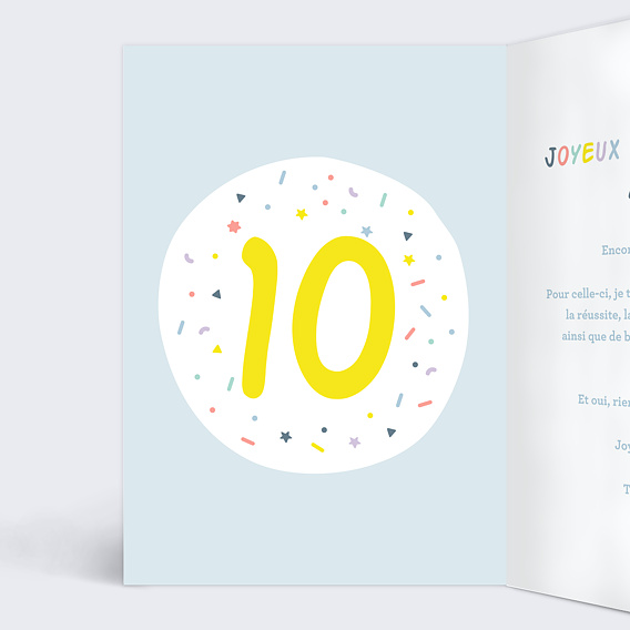 Carte anniversaire enfant Ballons 10 ans Intérieur Gauche