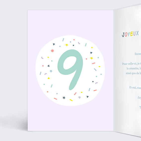 Carte anniversaire enfant Ballons 9 ans Intérieur Gauche