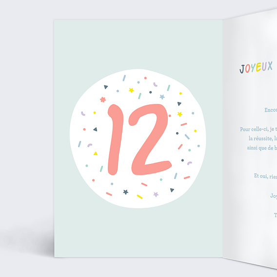 Carte anniversaire enfant Ballons 12 ans Intérieur Gauche