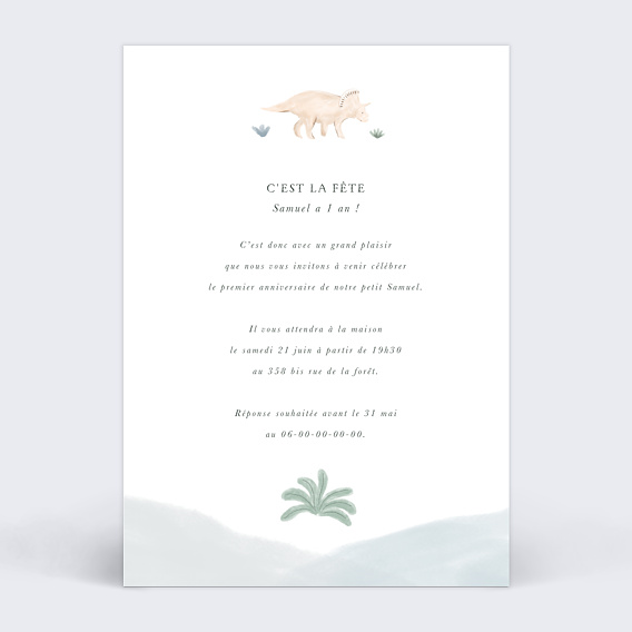 Invitation anniversaire enfant Bébé Dinosaure 1 an Verso