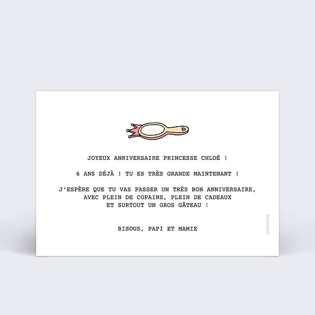 Carte anniversaire princesse Verso