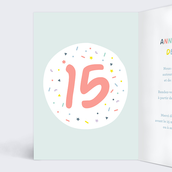 Invitation anniversaire enfant 15 ans Intérieur Gauche