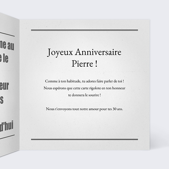 Carte anniversaire Journal Intérieur Droit
