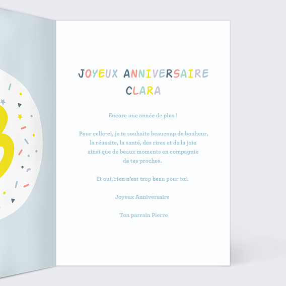 Carte anniversaire enfant Ballons 13 ans Intérieur Droit