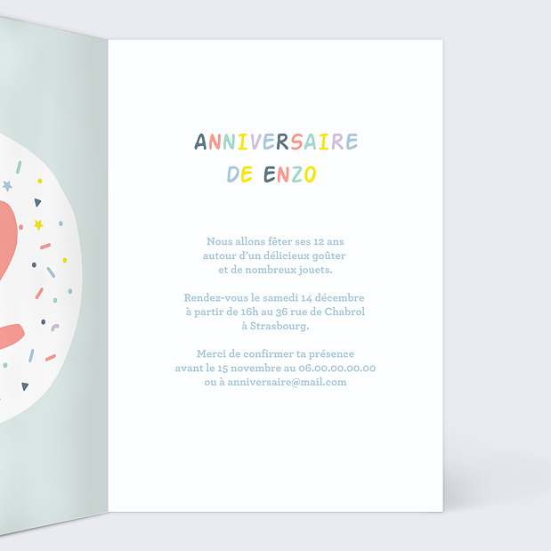Carte d'invitation anniversaire enfant 12 ans Intérieur Droit