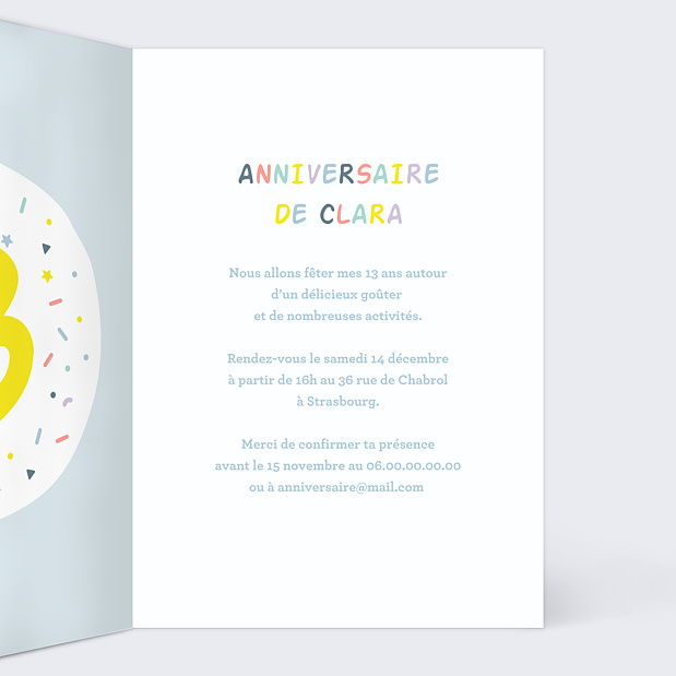 Carte d'Invitation Anniversaire Enfant 13 ans Intérieur Droit