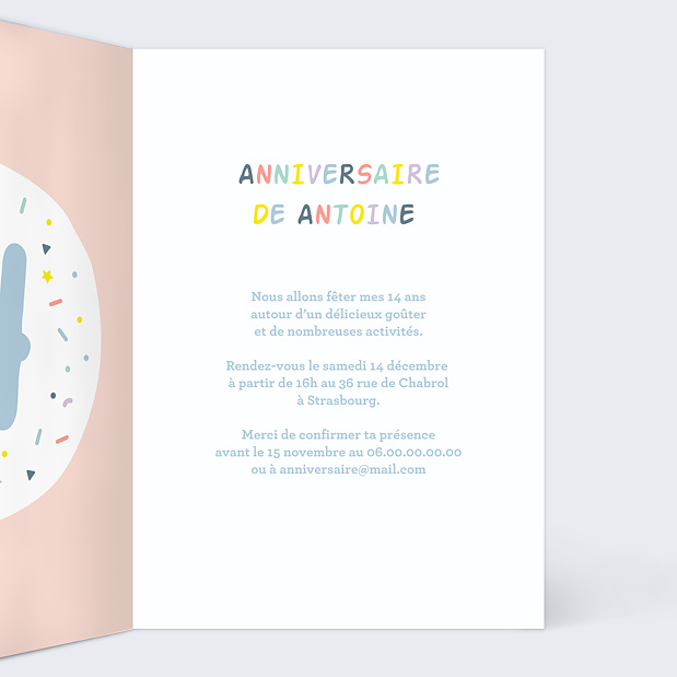Carte d'invitation anniversaire enfant 14 ans Intérieur Droit