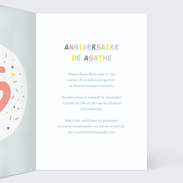 Carte d'Invitation Anniversaire Enfant 15 ans Intérieur Droit