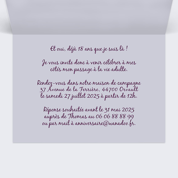 Invitation anniversaire Photos 18 ans Intérieur Droit