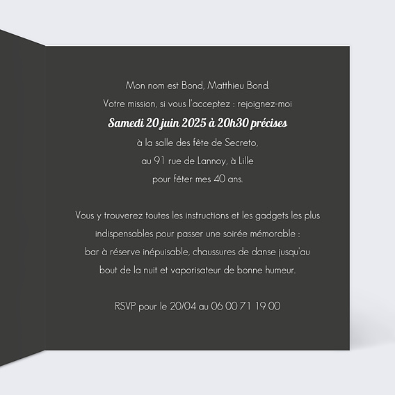 Invitation anniversaire Agent Secret Intérieur Droit