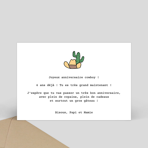 Carte anniversaire enfant Cowboy Verso