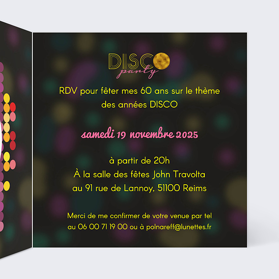 Invitation anniversaire Disco Party Intérieur Droit