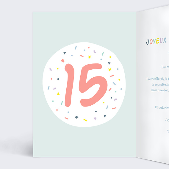 Carte anniversaire enfant Ballons 15 ans Intérieur Gauche
