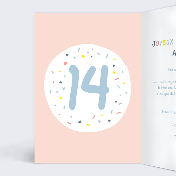 Carte anniversaire enfant Ballons 14 ans Intérieur Gauche
