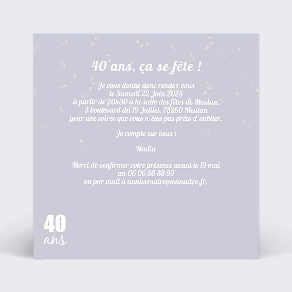 Invitation anniversaire Photos 40 ans Verso