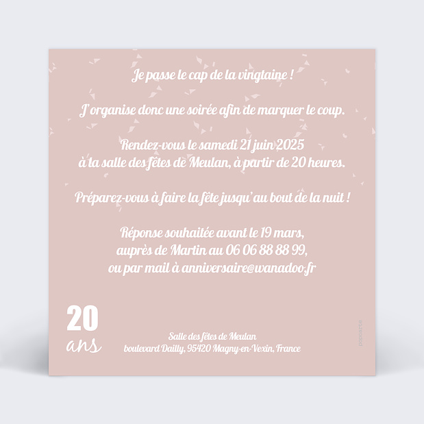 Invitation Anniversaire 20 ans Verso