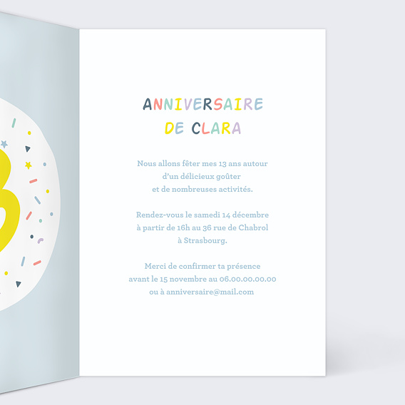 Invitation anniversaire enfant 13 ans Intérieur Droit