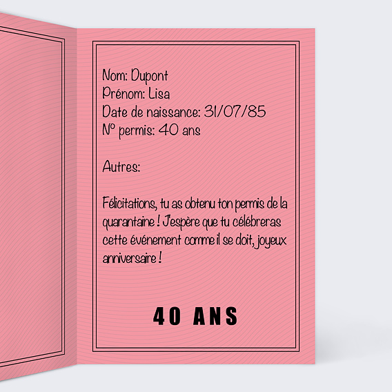 Carte anniversaire Permis de Conduire Intérieur Droit