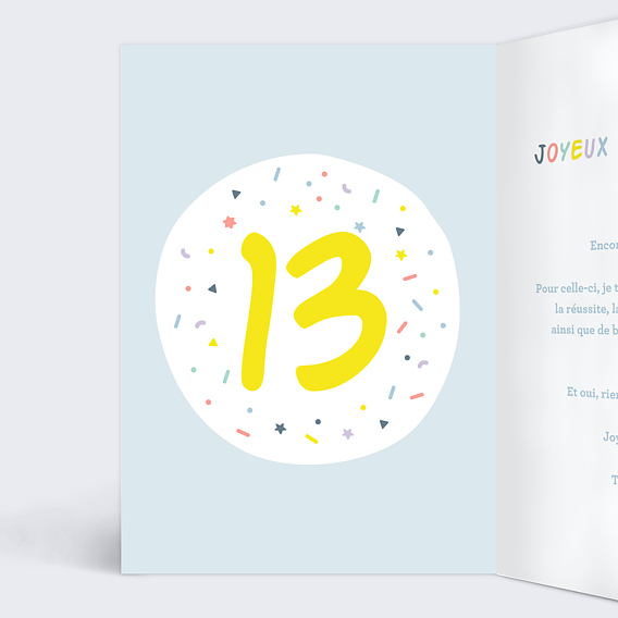 Carte anniversaire enfant Ballons 13 ans Intérieur Gauche