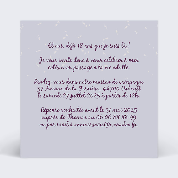 Invitation anniversaire Photos 18 ans Verso