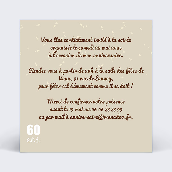 Invitation anniversaire Photos 60 ans Verso