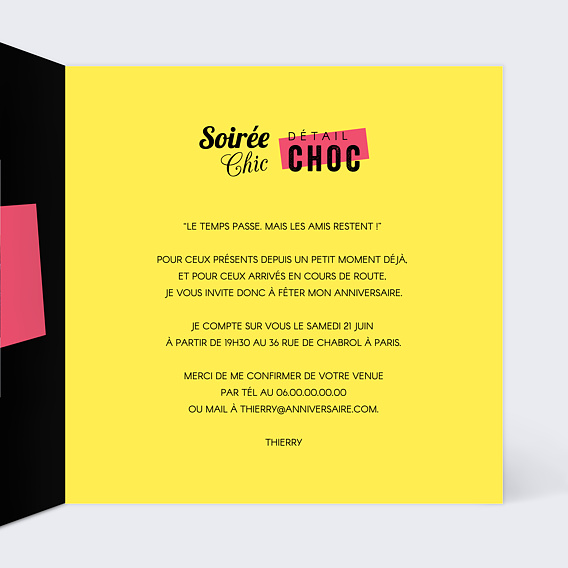 Invitation anniversaire Soirée Chic Détail Choc Intérieur Droit