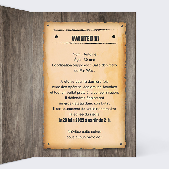 Invitation anniversaire Wanted Intérieur Droit