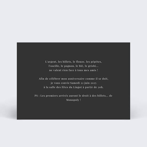 Invitation anniversaire Billet de Banque Verso