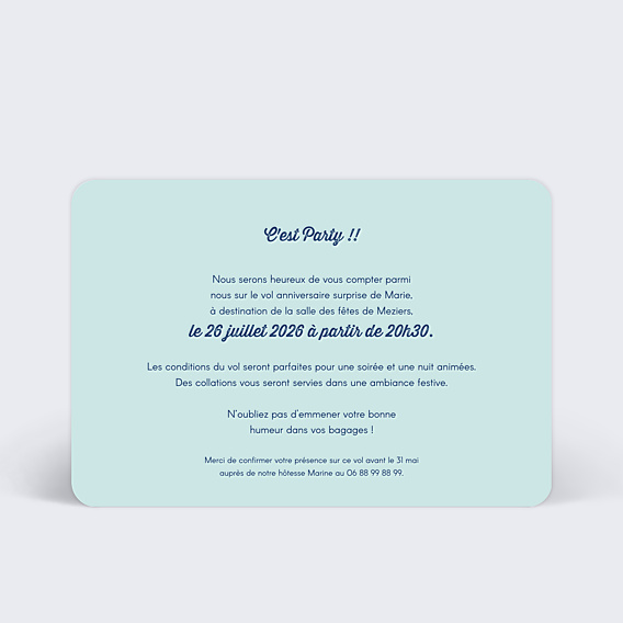 Invitation Anniversaire Adulte Billet d'Avion Bleu