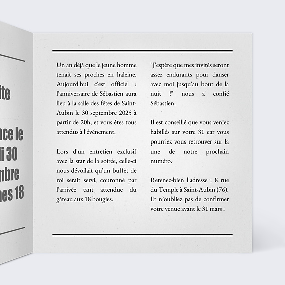 Invitation anniversaire Journal Intérieur Droit