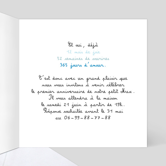 Invitation anniversaire enfant Anniversaire 1 an Intérieur Droit