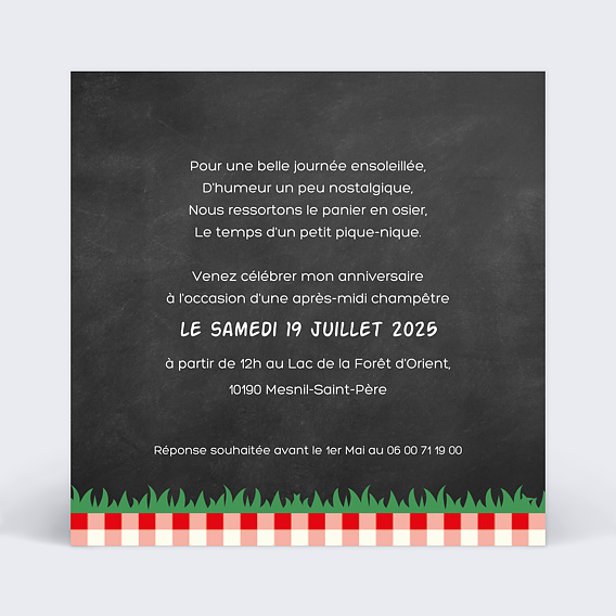 Invitation anniversaire Pique-nique Champêtre Verso