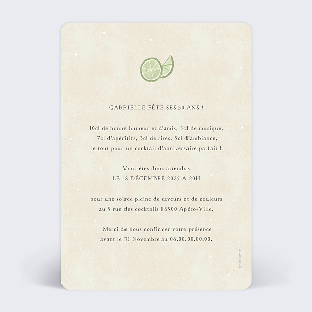 Invitation Anniversaire Cocktail Mojito Verso
