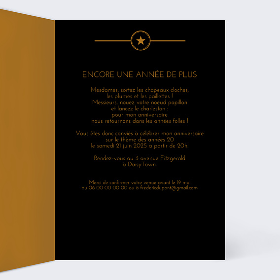 Invitation anniversaire Années Folles Typographie Intérieur Droit