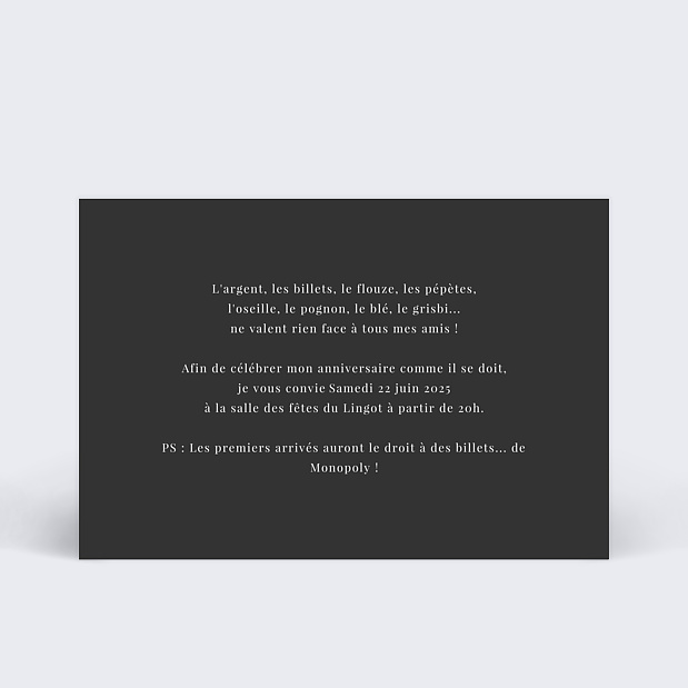 Invitation Anniversaire Billet de Banque Verso