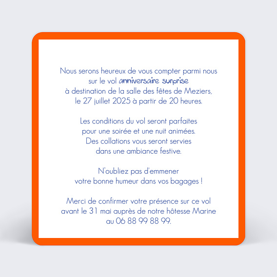 Invitation anniversaire Billet d'Avion Gris Verso