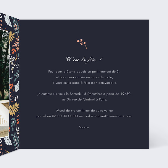 Invitation anniversaire Grands chiffres fleurs Intérieur Droit