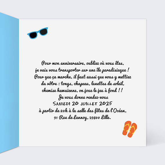 Invitation anniversaire Plage Intérieur Droit