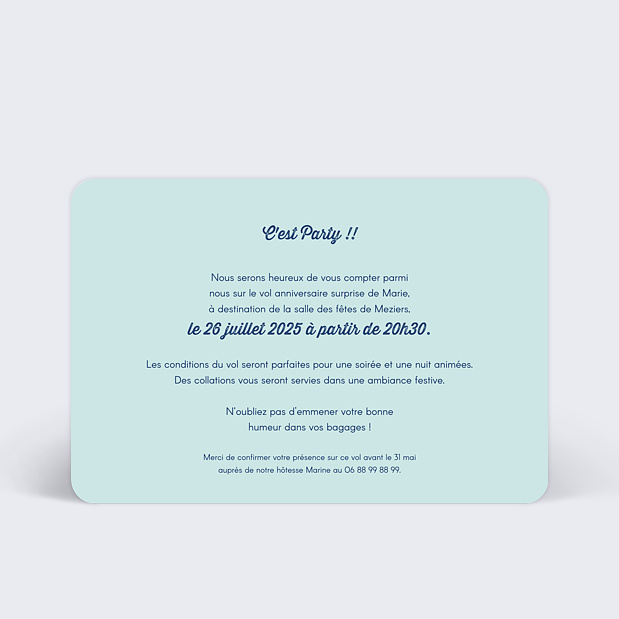Invitation Anniversaire Billet d'Avion Verso